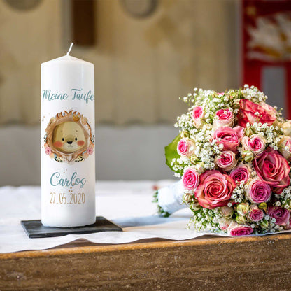 Bedruckte große Kerze - Babylöwe - Taufkerze mit Namen, Datum & Taufspruch