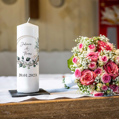 Große Kerze "Floral Kreis" Traukerze Brautkerze mit Namen & Datum zur Hochzeit