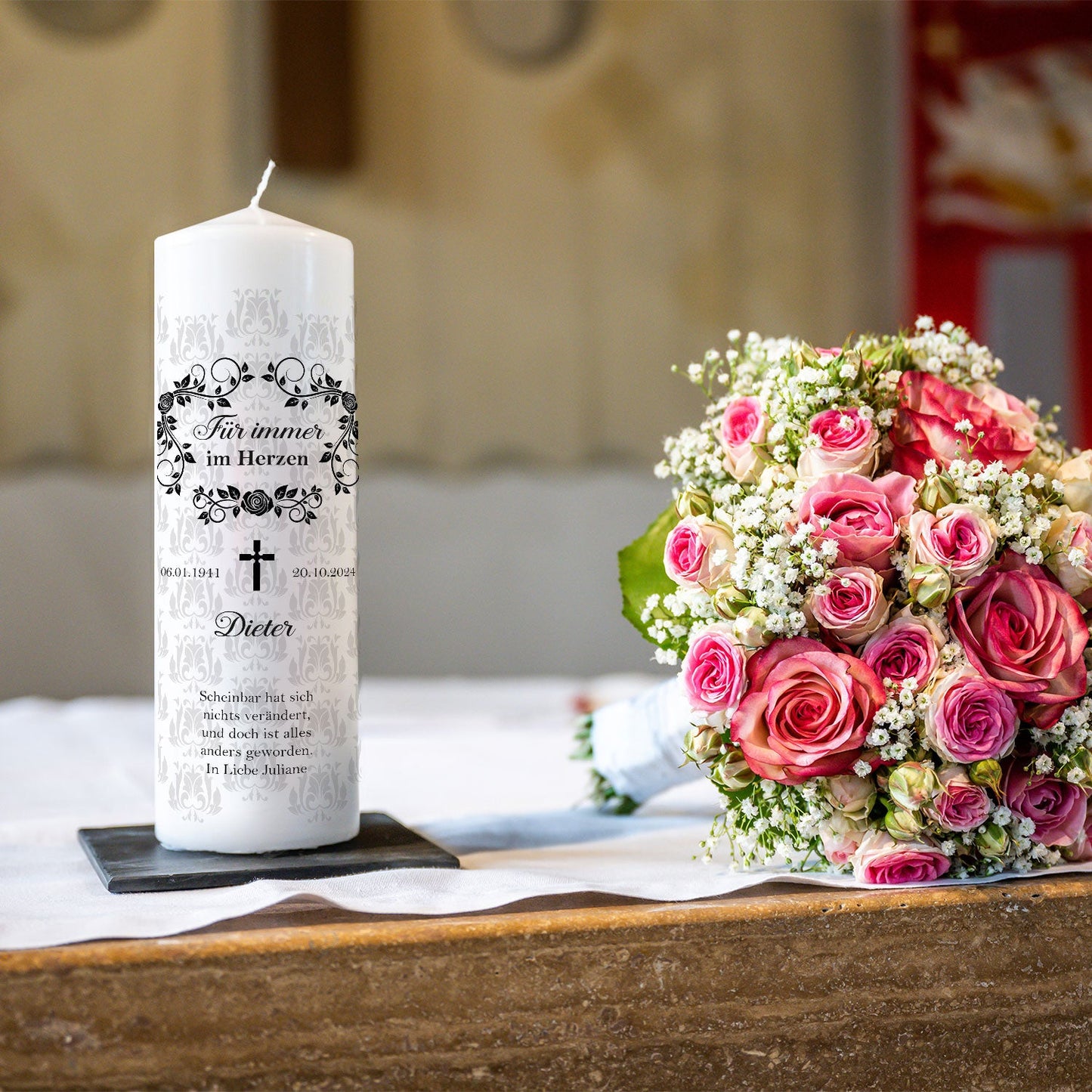 Große Kerze "Rosenkranz" - Trauerkerze mit Namen, Datum & Wunschtext