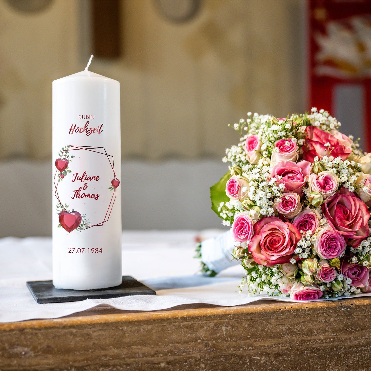 Große Kerze "Rubinhochzeit" - Hochzeitskerze mit Namen, Datum & Wunschtext