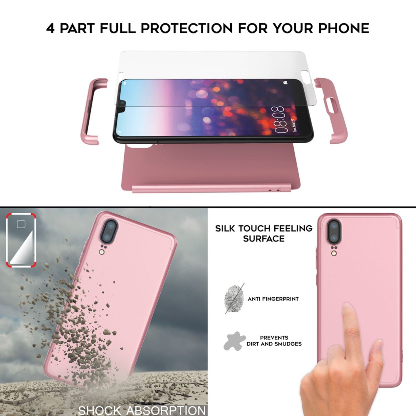 NALIA Rundum Handyhülle kompatibel mit Huawei P20, Cover 360° Grad Hülle Full-Body Doppel-Schutz mit Displayschutzglas, Slim Bumper Hard-Case 2 in 1 Etui, Rückseite & Rahmen