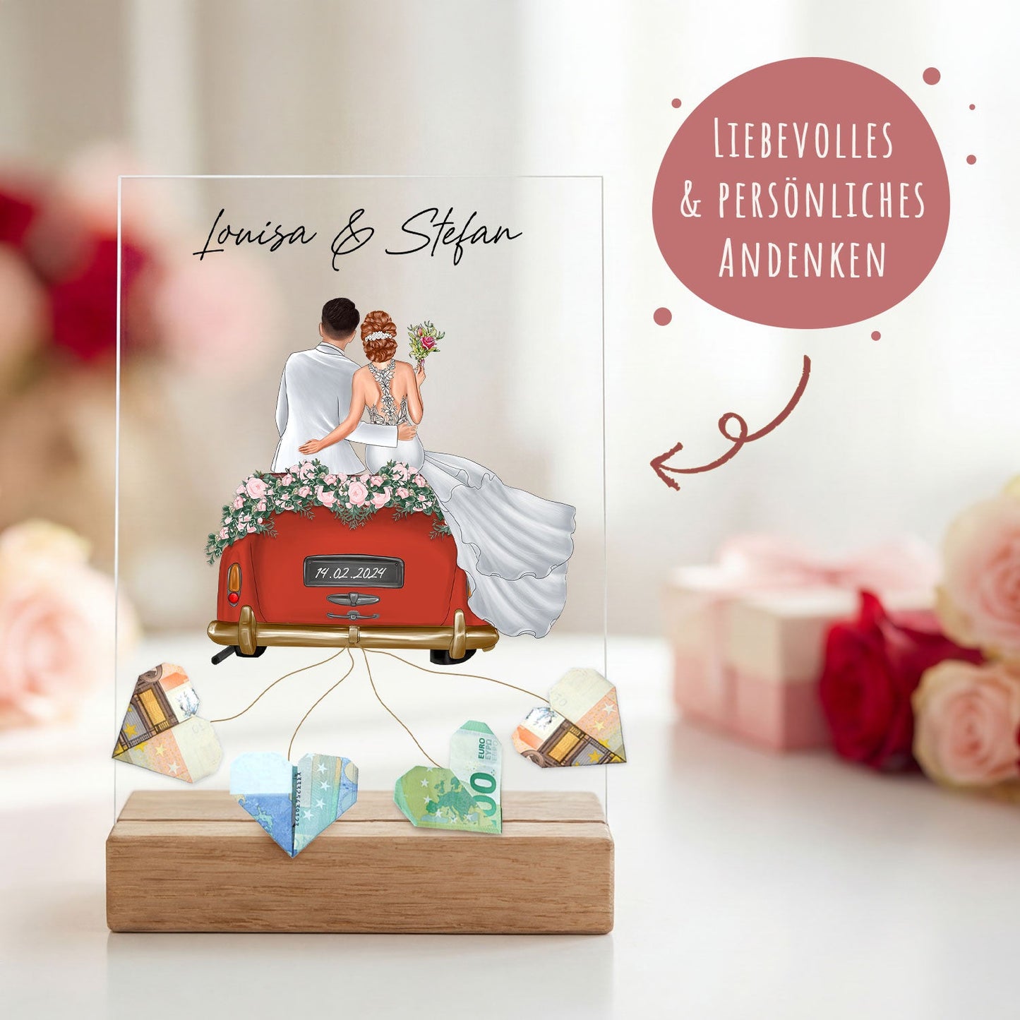 Hochzeitsauto auf Acrylglas - Personalisiertes Geldgeschenk zur Hochzeit