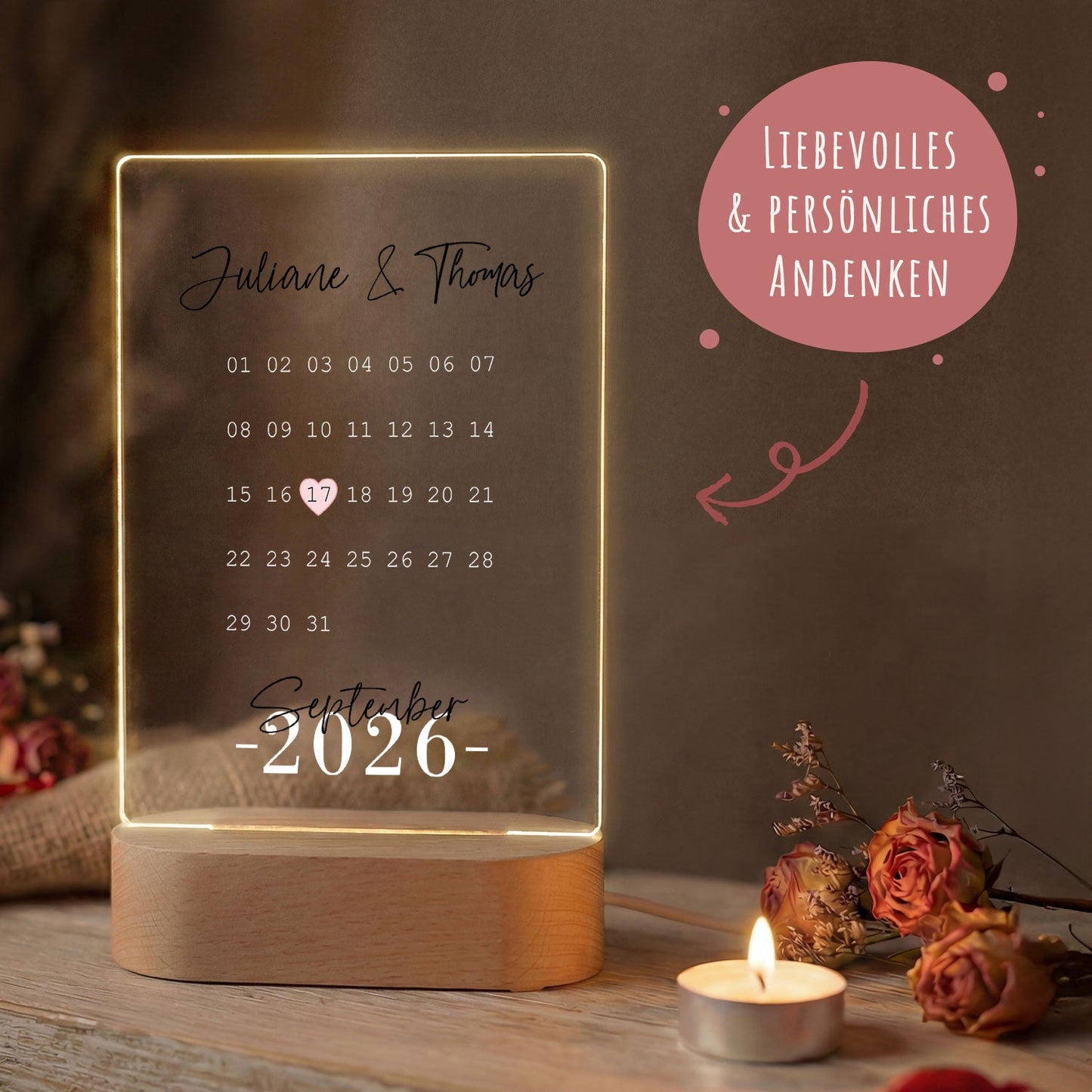 Beleuchtetes Acrylglas - Kalender - Personalisiertes Geschenk mit Namen & Datum