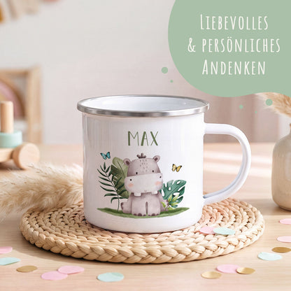 Emaille Tasse für Kinder - Personalisiert mit Namen - Tiergruppe Safari