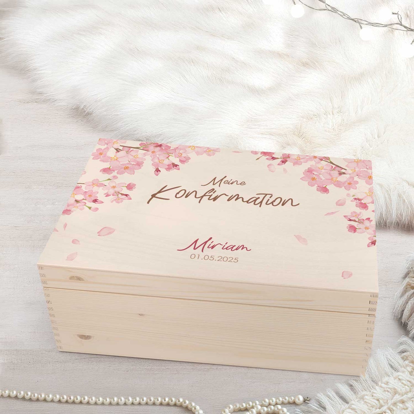 Bedruckte Erinnerungskiste zur Kommunion & Konfirmation - Kirschblüten