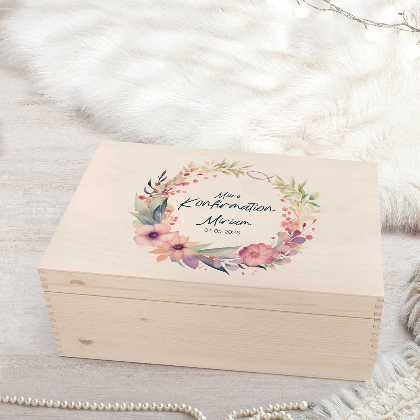 Bedruckte Erinnerungskiste zur Kommunion & Konfirmation - Blumenkranz