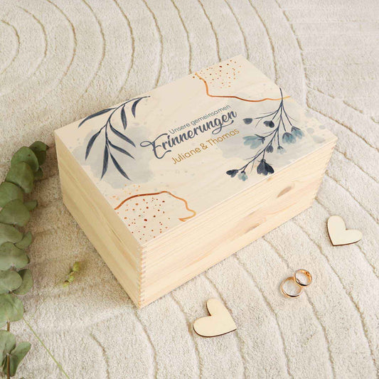 Erinnerungskiste mit UV-Druck im Unsere gemeinsamen Erinnerungen Design - Personalisiertes Geschenk zur Hochzeit
