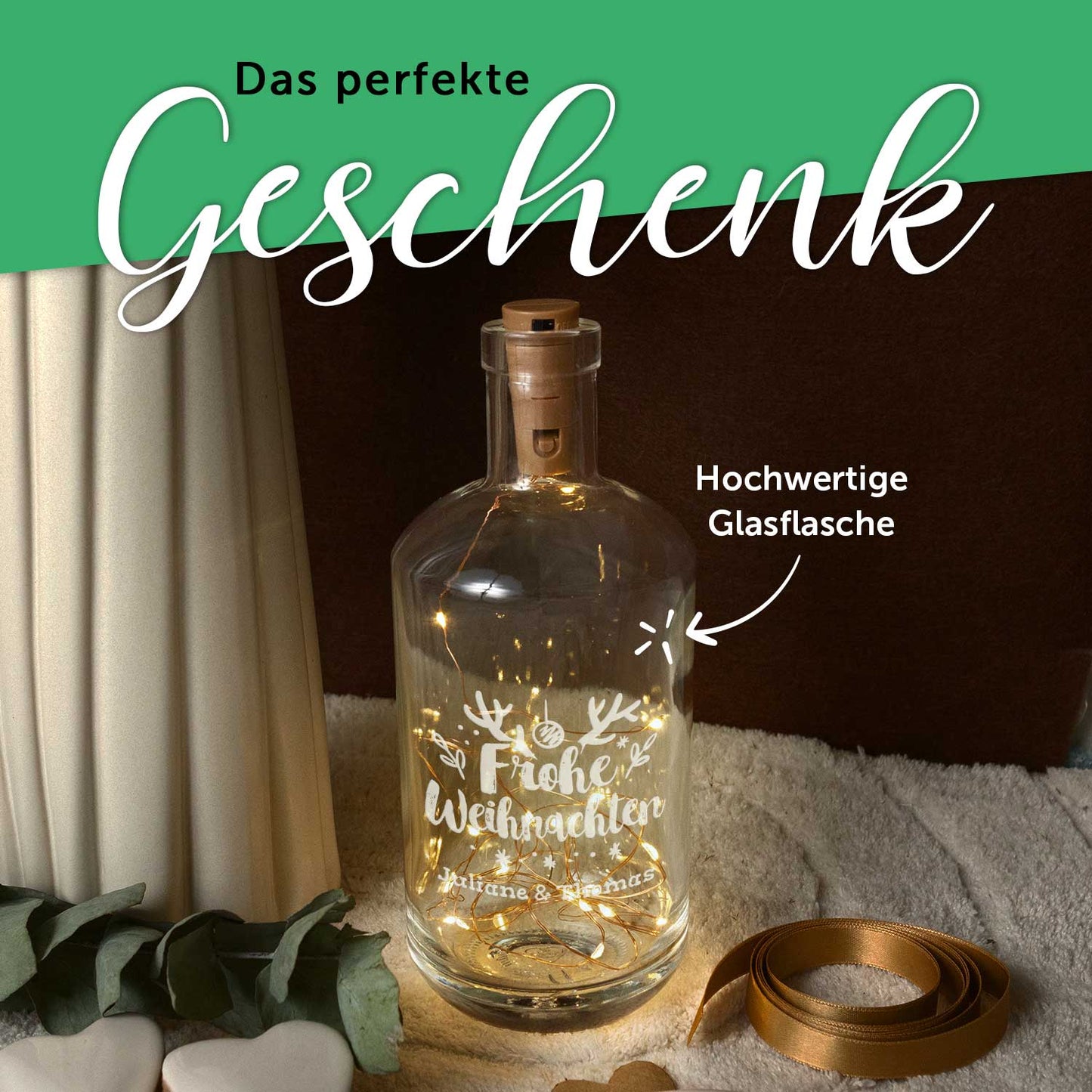 Flaschenlicht mit LED-Lichterkette im Frohe Weihnachten Design - Personalisiert mit 2 Namen
