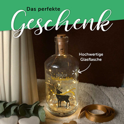Flaschenlicht mit LED-Lichterkette und UV Druck - Hirsch Gold Design - Weihnachtsdekoration