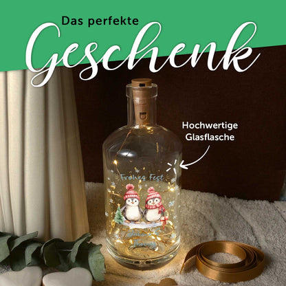 Flaschenlicht mit LED-Lichterkette und UV Druck - Pinguine Design - Personalisiert mit Name
