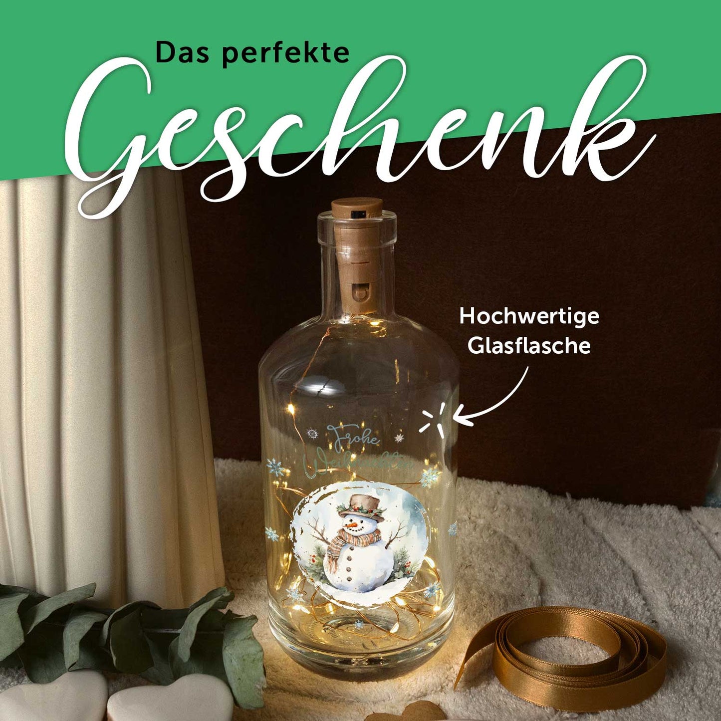 Flaschenlicht mit LED-Lichterkette und UV Druck - Schneemann Design - Weihnachtsdekoration