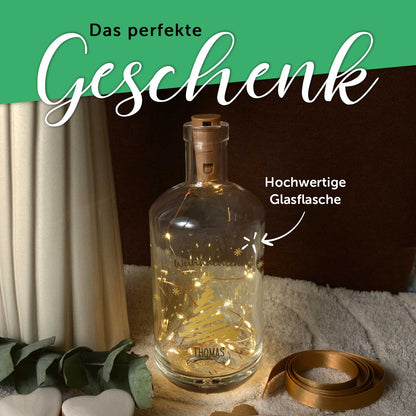 Flaschenlicht mit LED-Lichterkette und UV Druck - Weihnachtsbaum Gold Design - Personalisiert