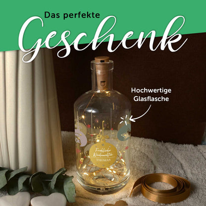 Flaschenlicht mit LED-Lichterkette und UV Druck - Weihnachtskugeln Design - Personalisiert mit Name