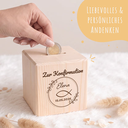 Spardose aus Holz - Fisch Kranz