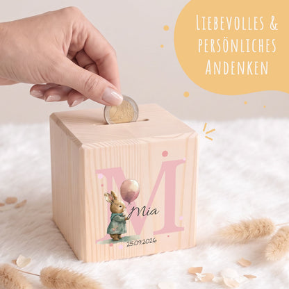 Spardose aus Holz - Initialen Tiermotive