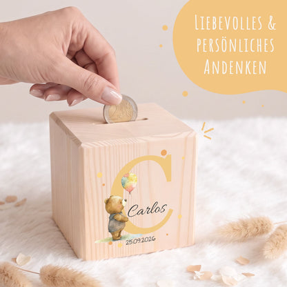 Spardose aus Holz - Initialen Tiermotive