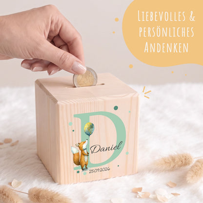 Spardose aus Holz - Initialen Tiermotive