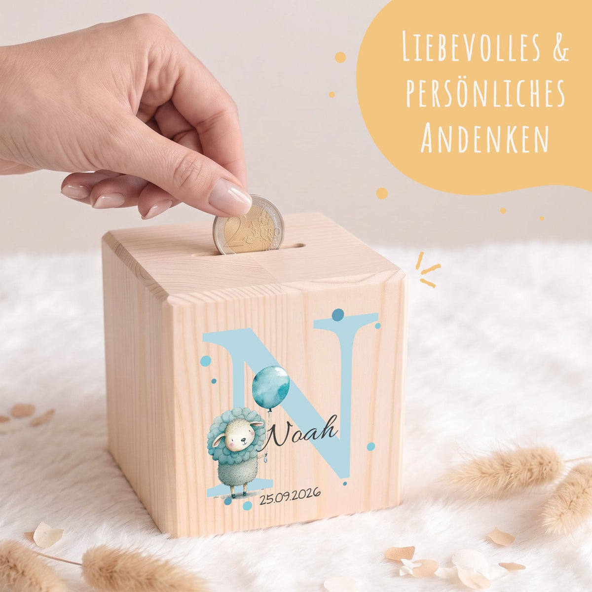 Spardose aus Holz - Initialen Tiermotive
