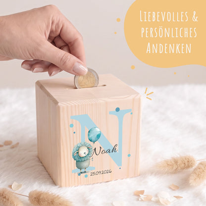 Spardose aus Holz - Initialen Tiermotive