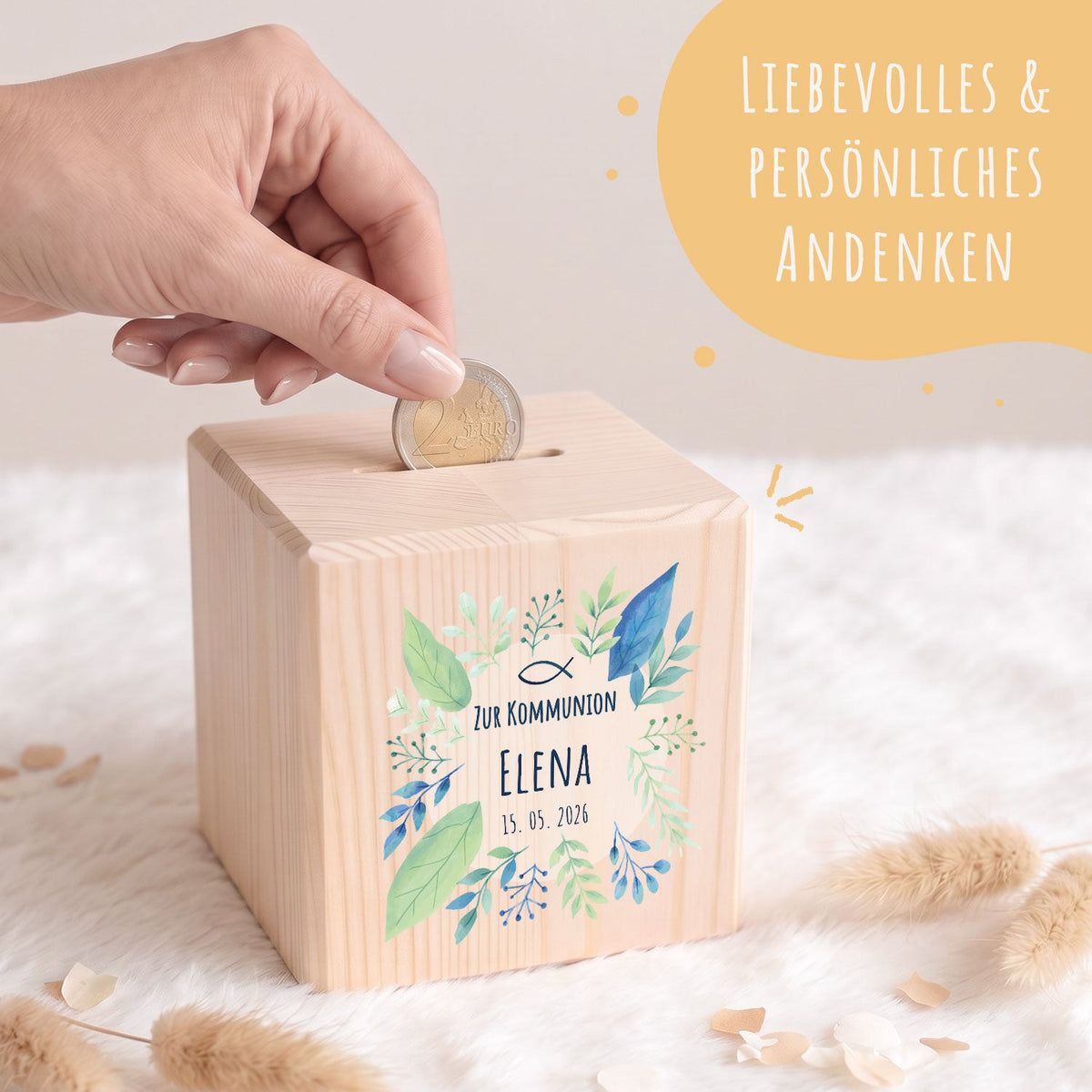Spardose aus Holz - Pflanzen