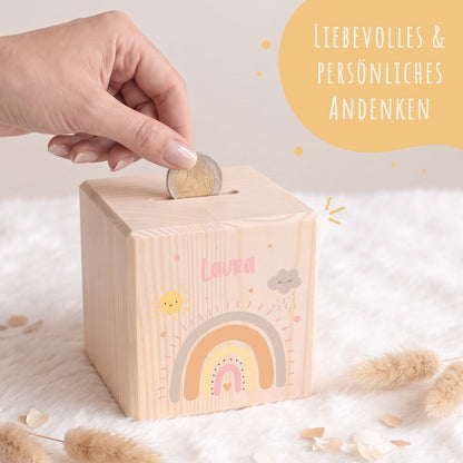 Spardose aus Holz - Regenbogen Pastell