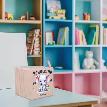 Spardose aus Holz - Schulkind