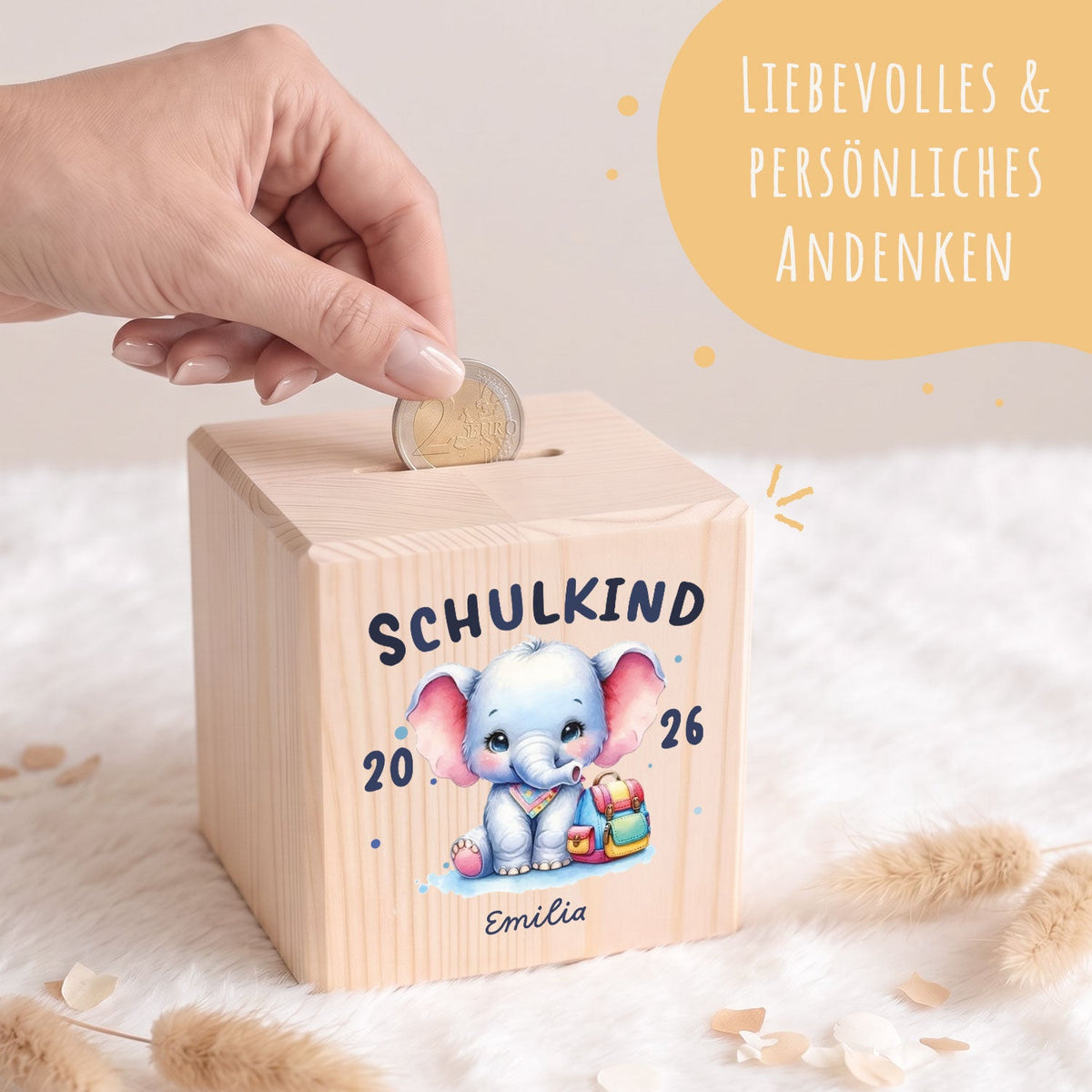 Spardose aus Holz - Schulkind