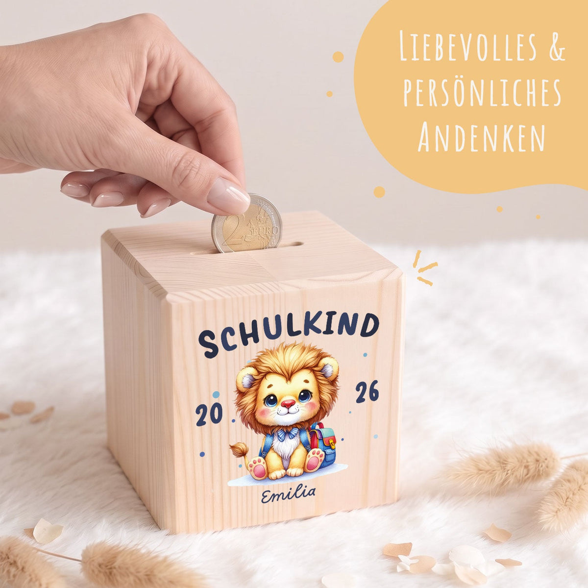 Spardose aus Holz - Schulkind