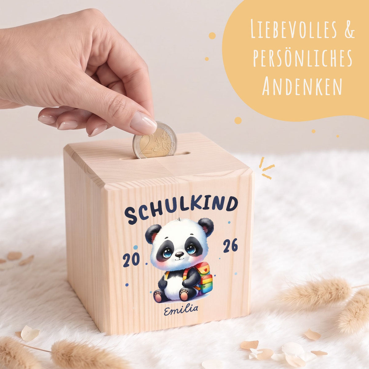 Spardose aus Holz - Schulkind