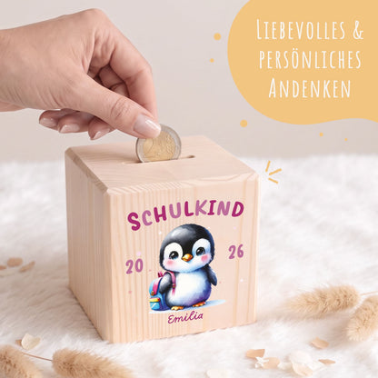 Spardose aus Holz - Schulkind