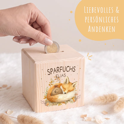 Spardose aus Holz - Sparfuchs