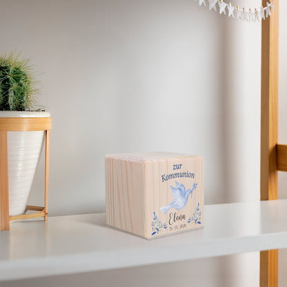 Spardose aus Holz - Taube Blau