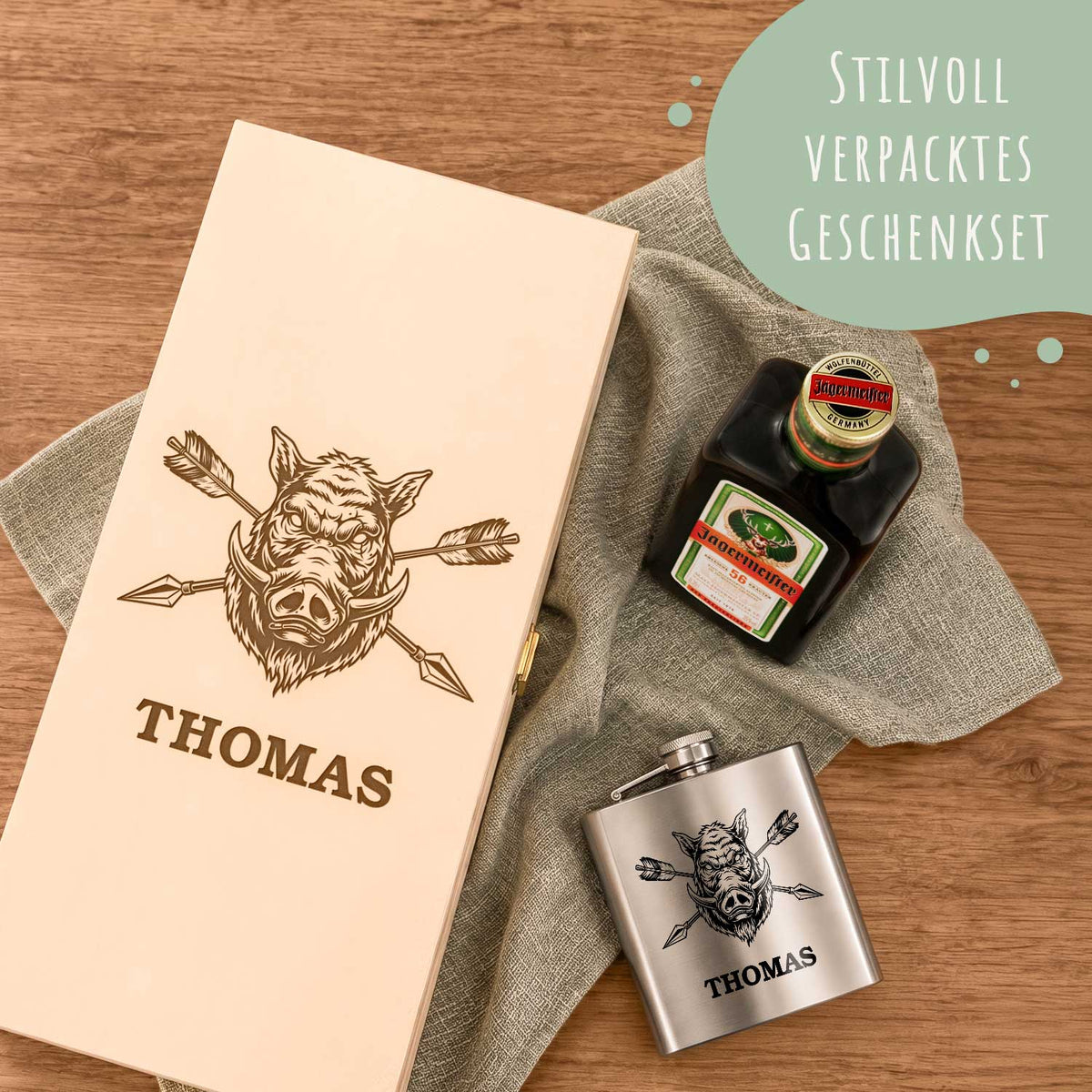 Flachmann aus Edelstahl Geschenkset - personalisiert mit Jägermeister im Set