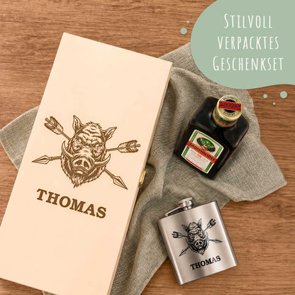 Flachmann aus Edelstahl Geschenkset - personalisiert mit Jägermeister im Set