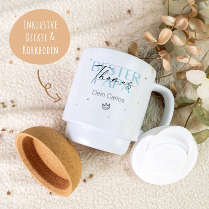 Bedruckte Tasse mit Korksockel & Deckel - Wunschtext V2