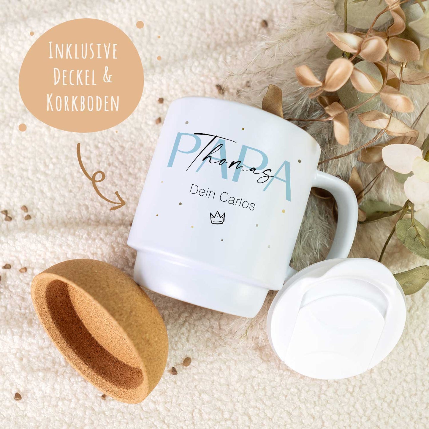Bedruckte Tasse mit Korksockel & Deckel - Wunschtext V2
