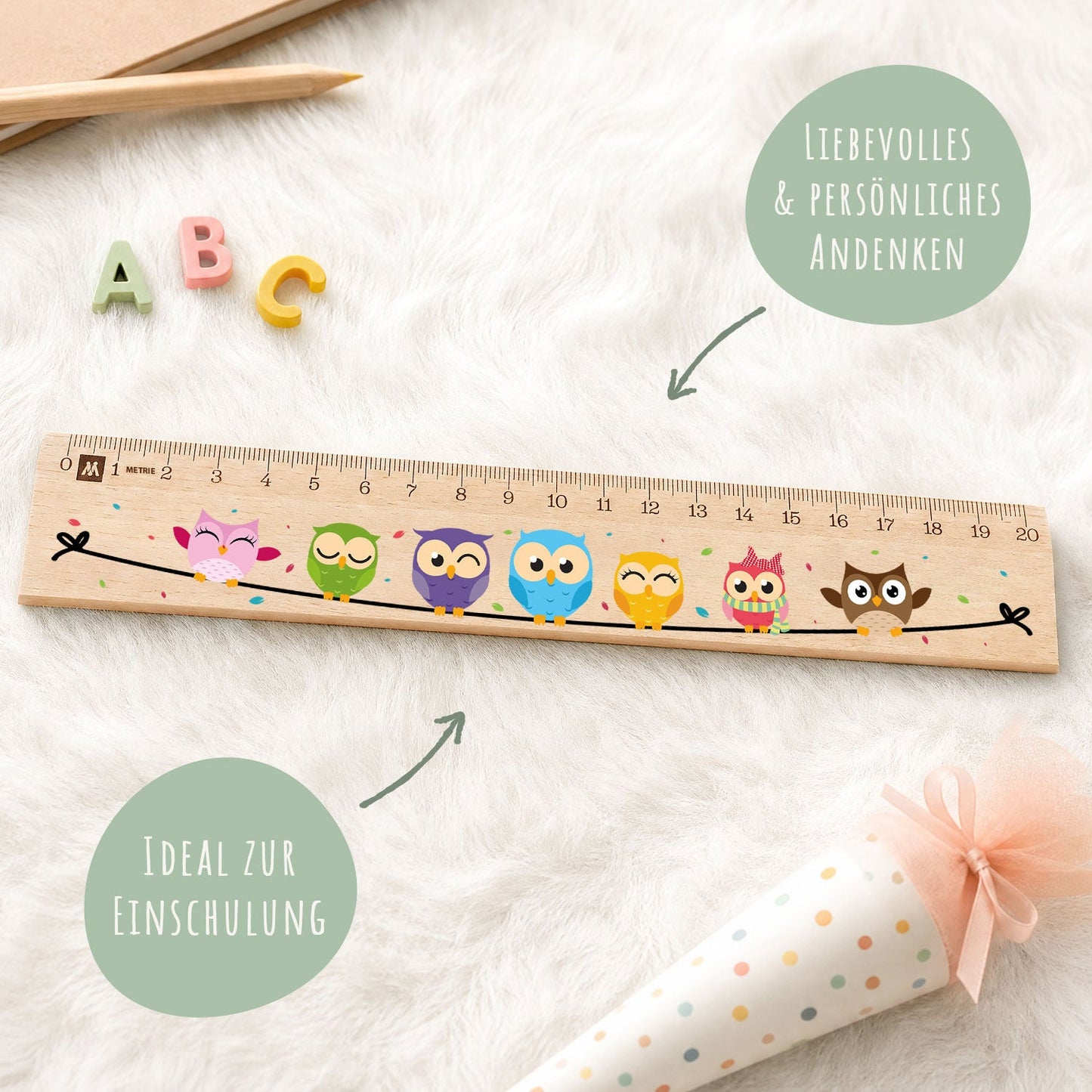 Lineal zur Einschulung im Eulen Design für Kinder aus Holz