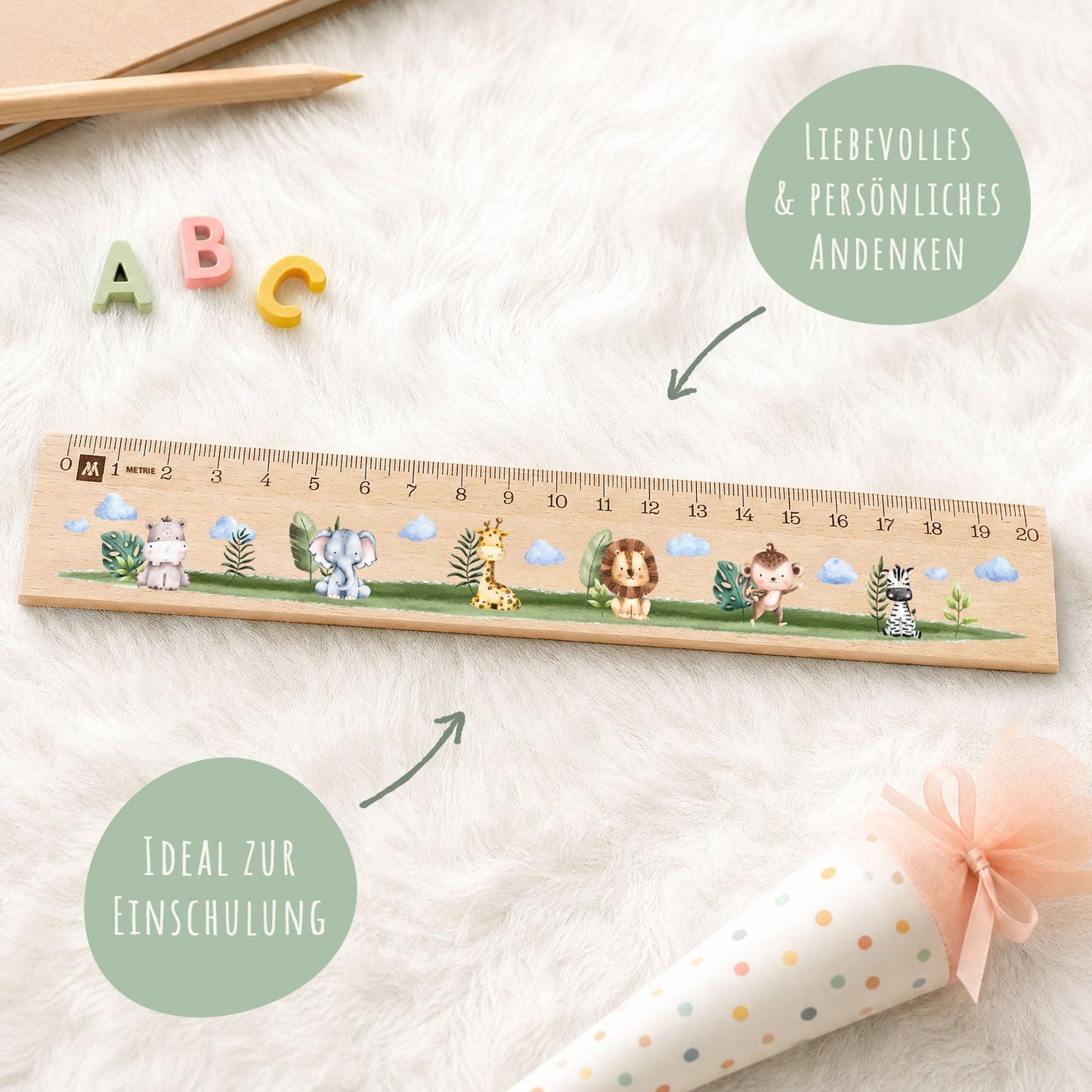 Lineal zur Einschulung im Tiere Design für Kinder aus Holz