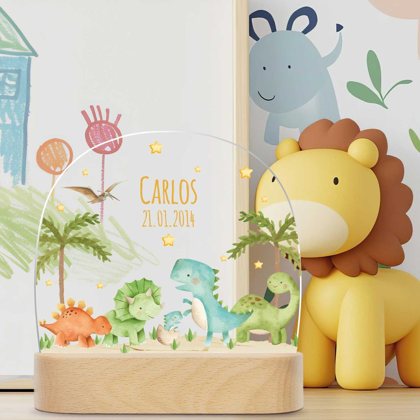 Kinder LED Nachtlicht mit Sockel aus Holz - "Dinogruppe"