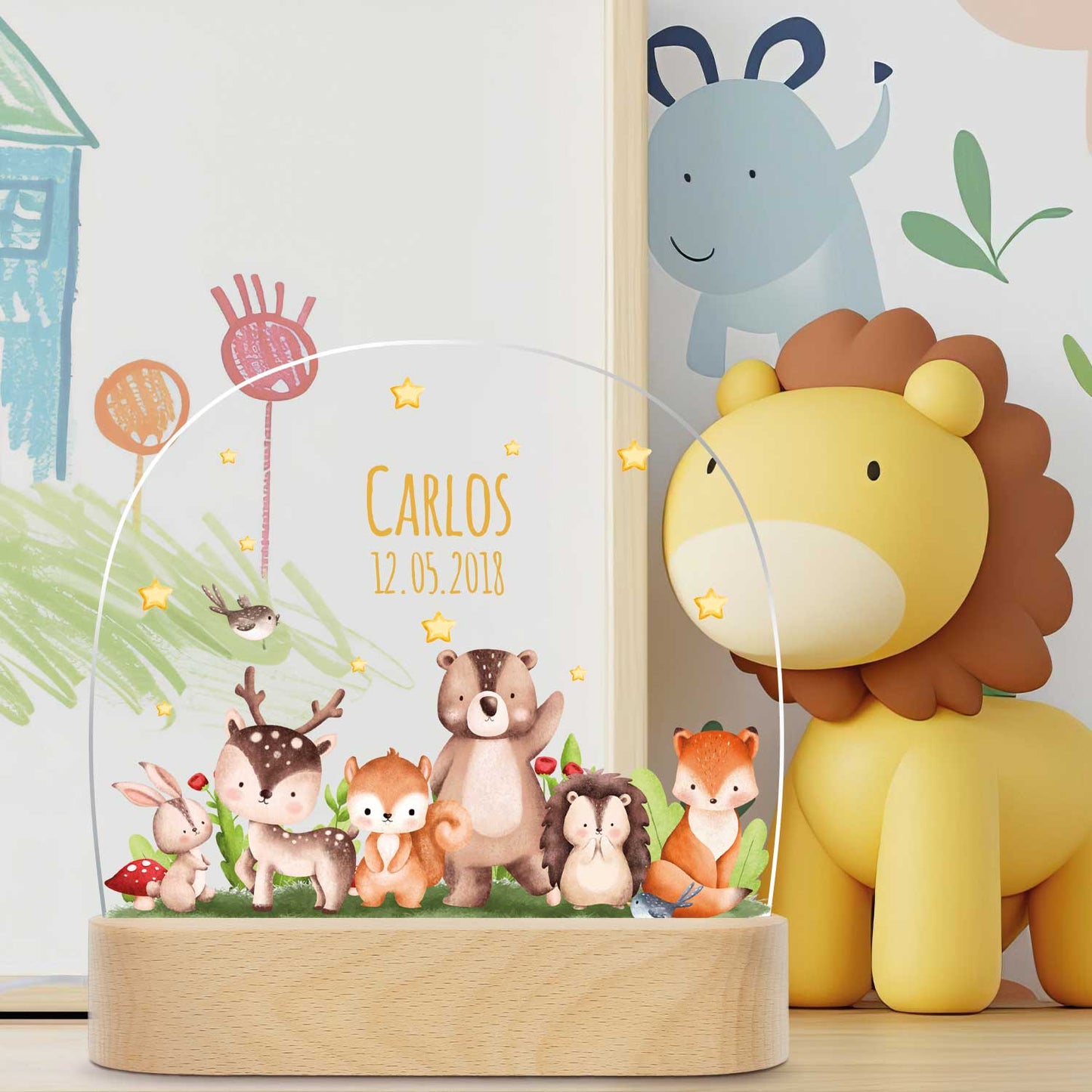 Kinder LED Nachtlicht mit Sockel aus Holz - "Tiergruppe Waldtiere"