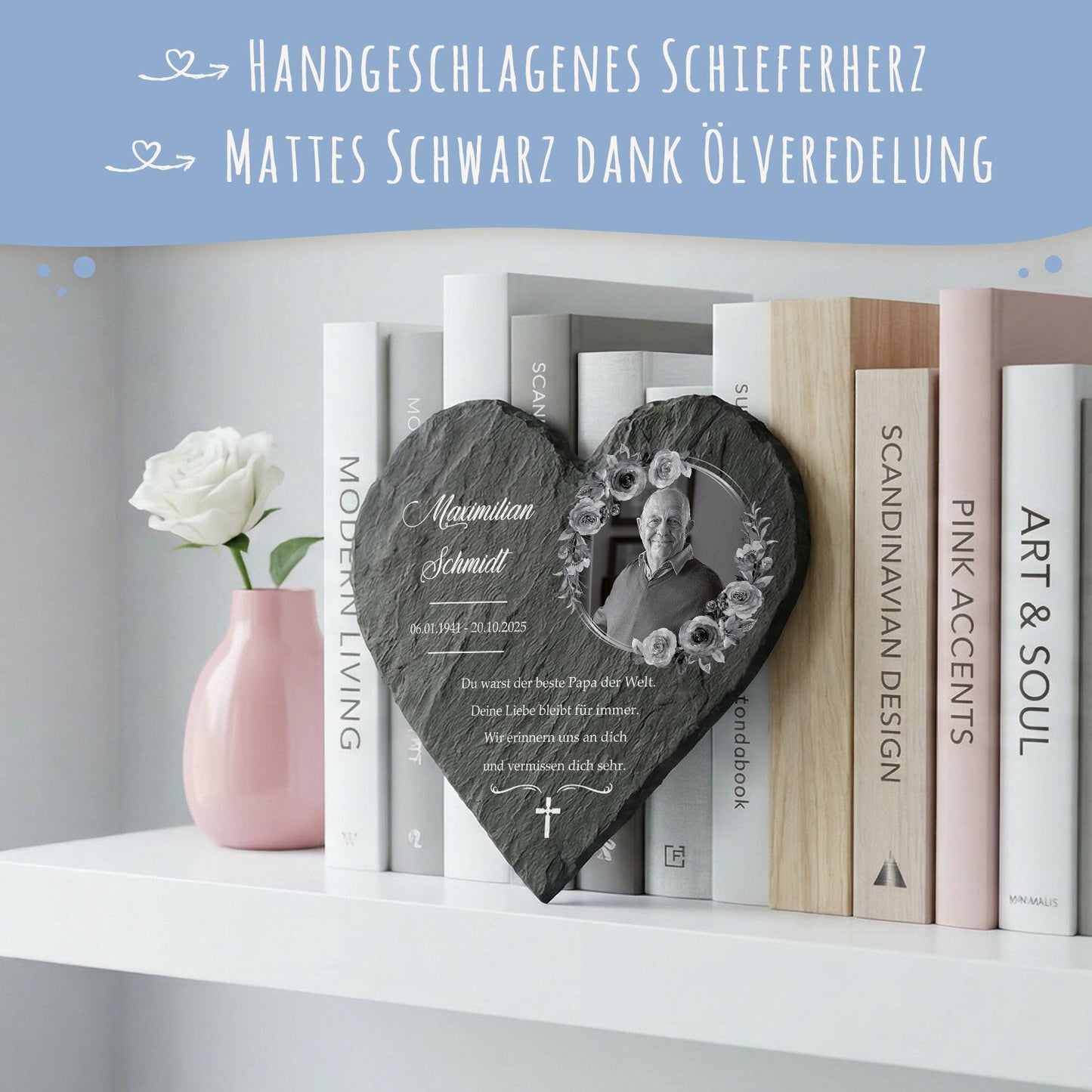 Bedrucktes Schieferherz - In Gedenken V2 - Personalisiertes Geschenk