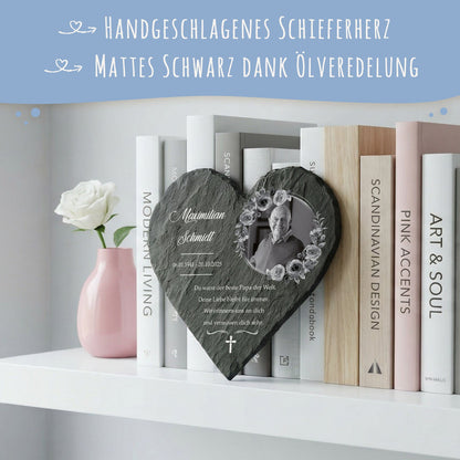 Bedrucktes Schieferherz - In Gedenken V2 - Personalisiertes Geschenk