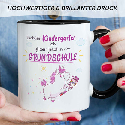 Bedruckte Tasse mit Spruch - Tschüss Kindergarten ich glitzer in der Grundschule