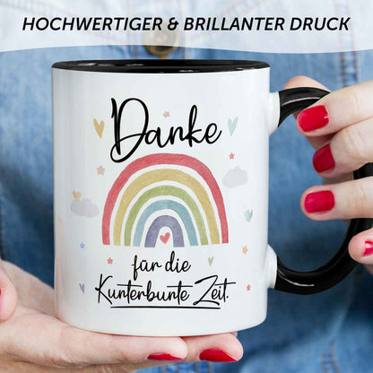 Bedruckte Tasse mit Spruch "Danke für die Kunterbunte Zeit"