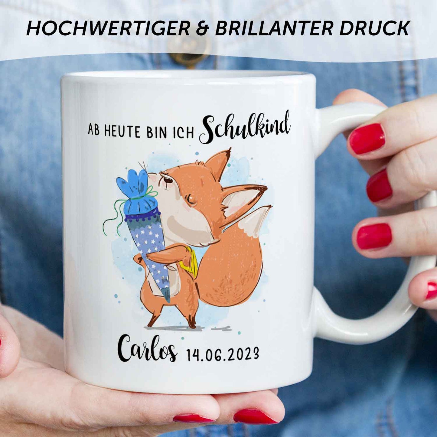 Bedruckte Tasse mit Spruch "Schulkind" - personalisiert mit Name und Datum