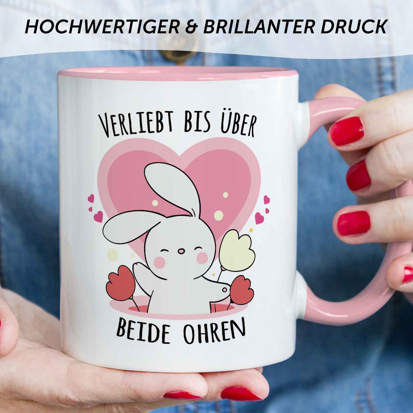 Bedruckte Tasse mit Spruch - Verliebt bis über beide Ohren