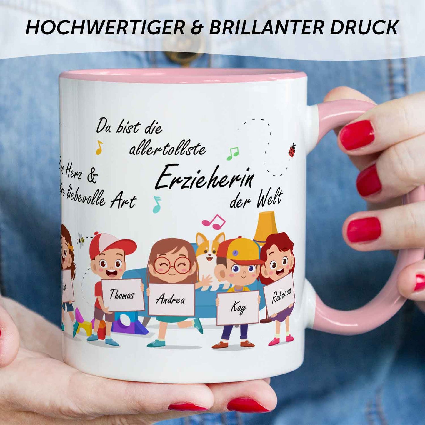 Bedruckte Tasse mit Spruch Erzieher/in Abschied mit Schildern für bis zu 10 Namen
