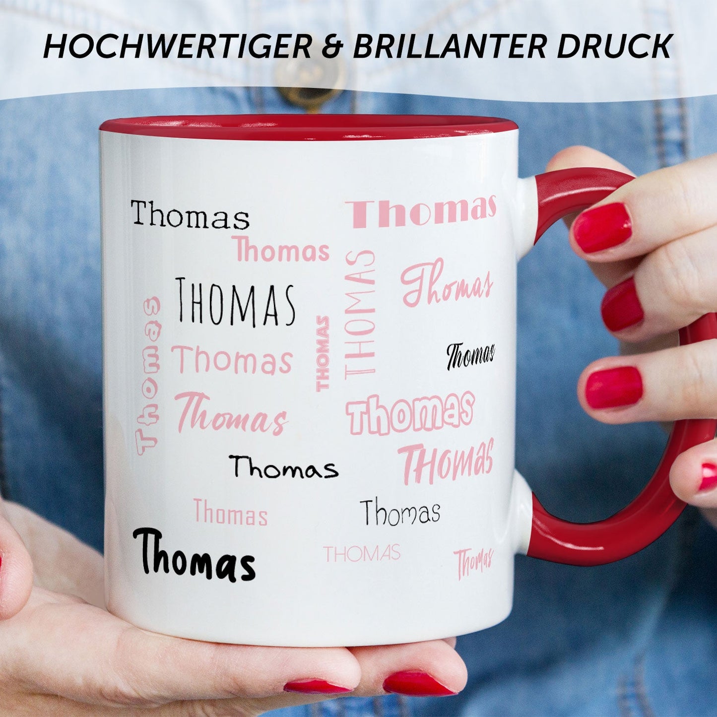 Bedruckte Tasse mit Namen in verschiedenen Schriftarten