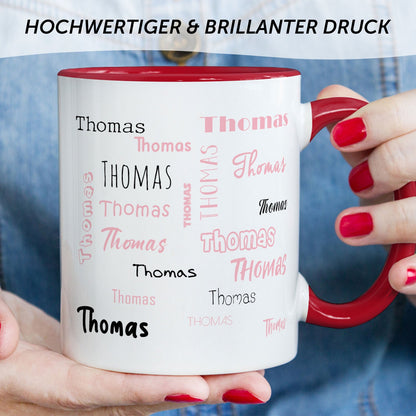 Bedruckte Tasse mit Namen in verschiedenen Schriftarten