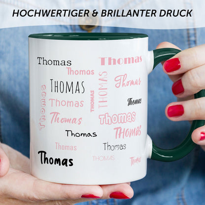 Bedruckte Tasse mit Namen in verschiedenen Schriftarten